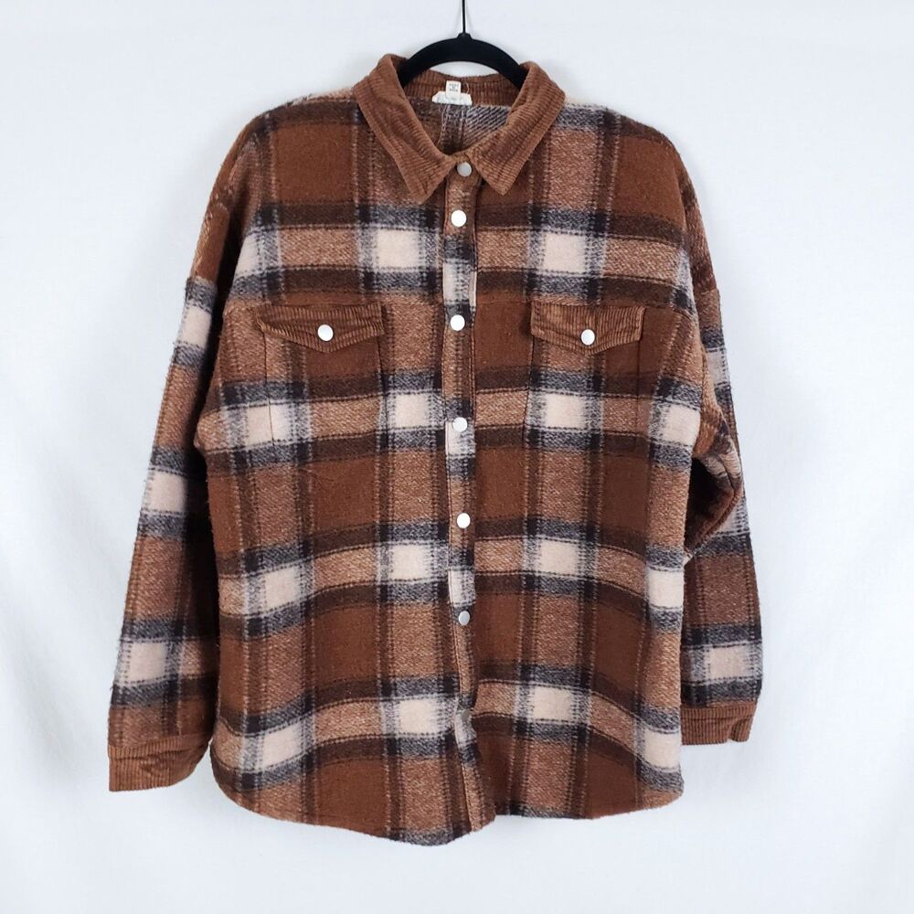 POL Corduroy Collad Plaid Fleece Shacket Womens L Wool Outdoors Lumberjack
